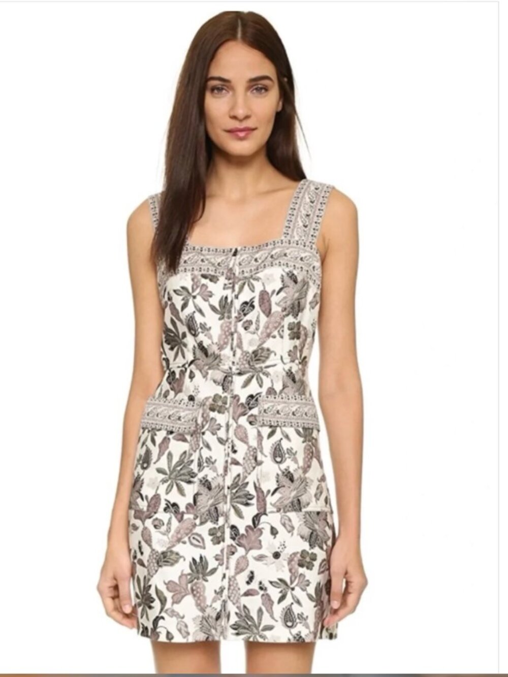 Tory Burch Botanical Print Mikado Wool Silk Apron Dress New Ivory / Wisteria - 2